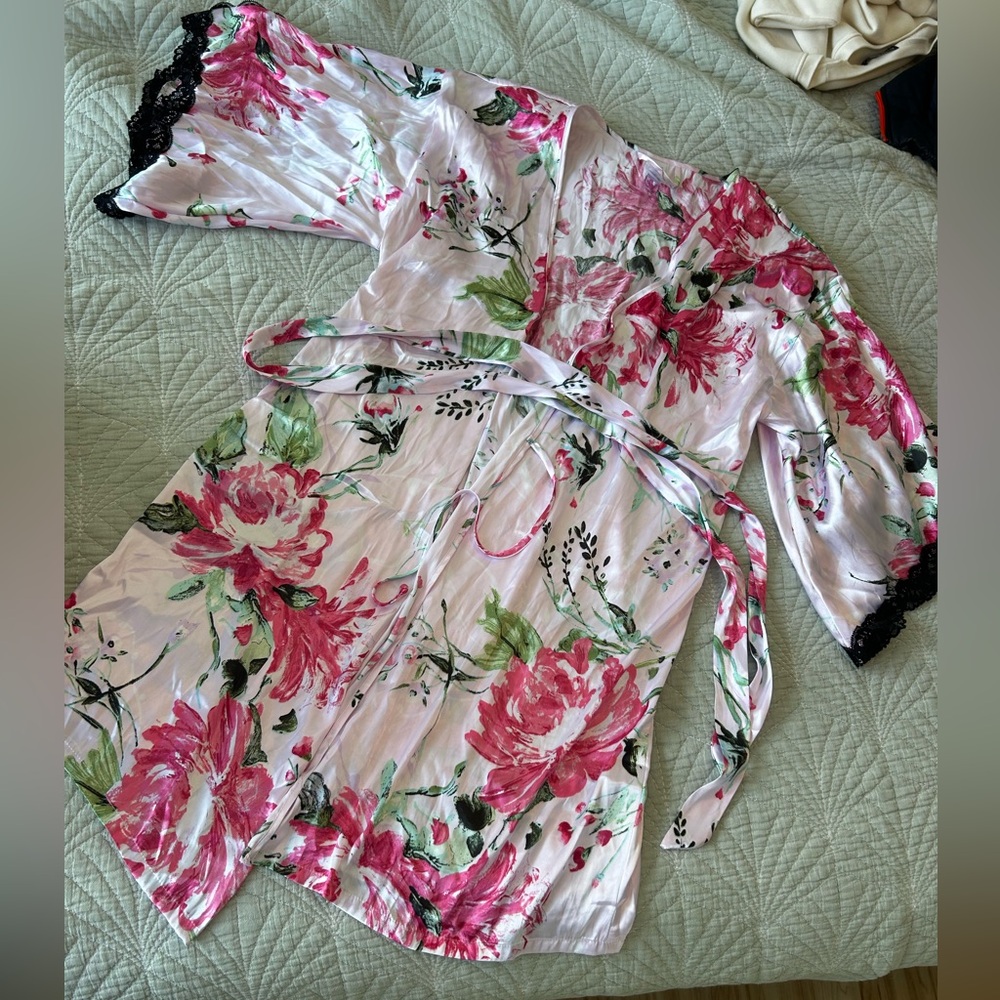NWOT rose lingerie with black lace robe